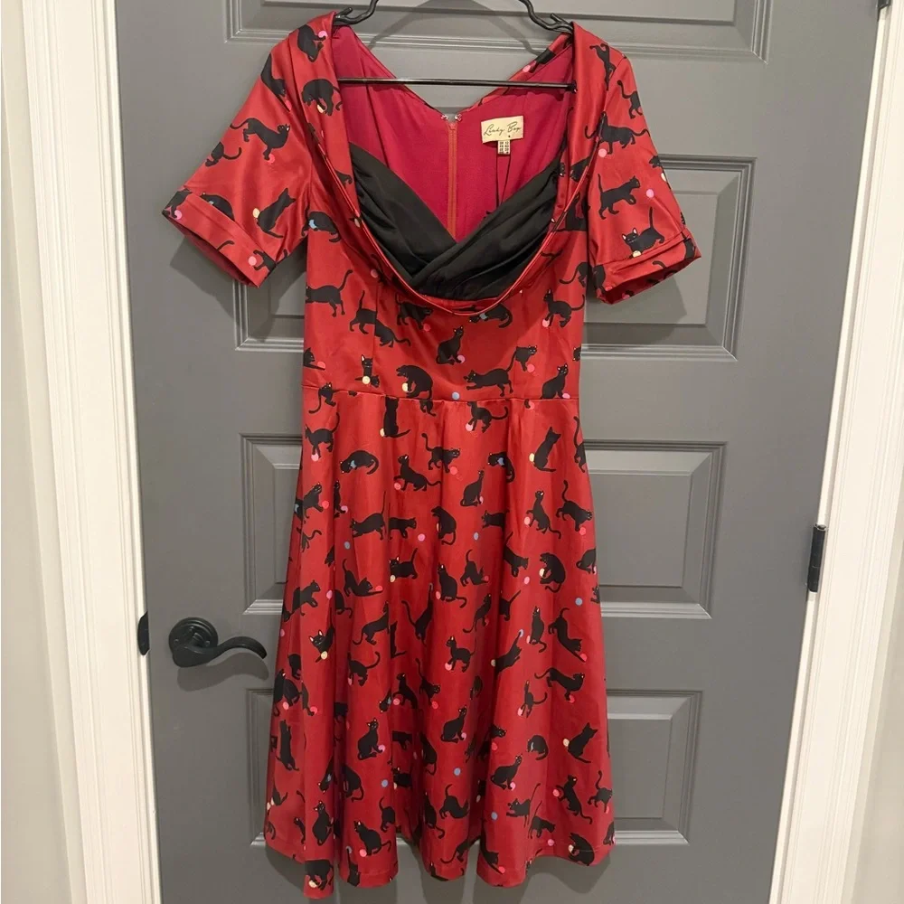 NWT Lindy Bop Red and Black Cat Print Dress - Picture 1 of 7